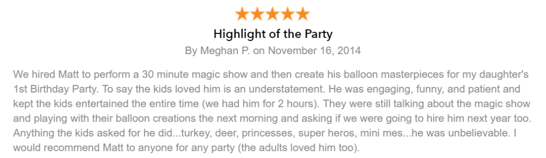 Review of Matt The Balloon Man for a birthday party